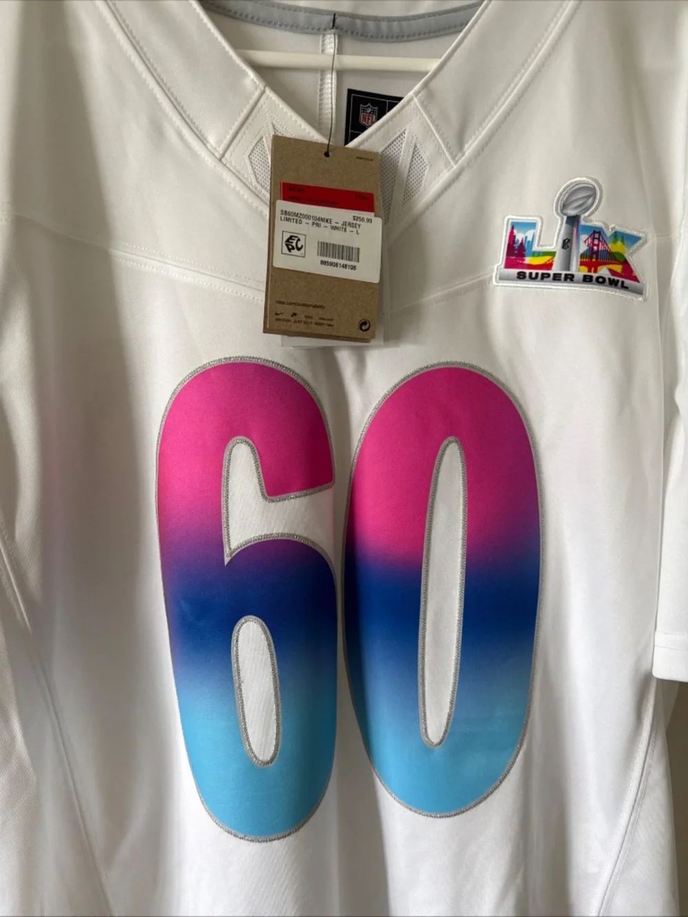 Men’s Nike NFL 2026 Super Bowl LX #60 Vapor Lmtd White Jersey Sz L - NWT RARE